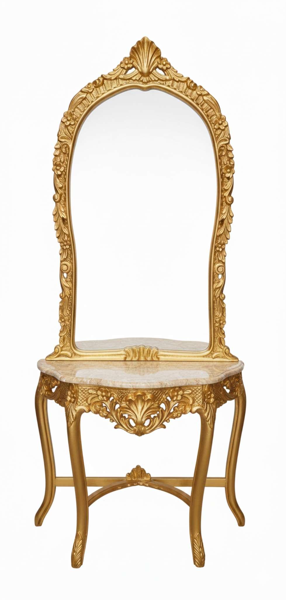 MACE Heritage – Baroque Console Mirror with Beige Marble Top in Antique Gold