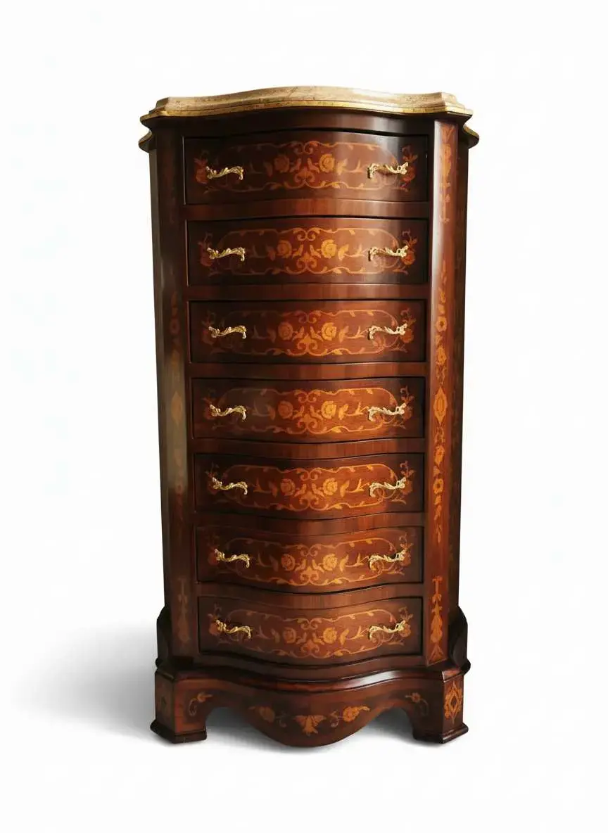 MACE Heritage - Baroque style chest drawer cabinet - Marquetry - Brown color - Beige marble - Gold brass - Classic living furniture LOUIS XVI
