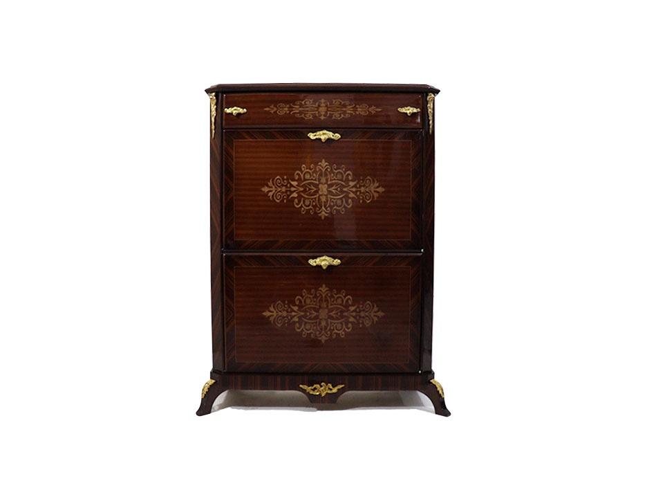 MACE Heritage – Baroque Shoe Cabinet with Genuine Inlay in Solid Wood, Dark Walnut with Gold Accents