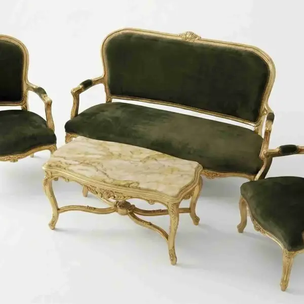 MACE Heritage – Luxurious 4-Piece Baroque Salon Set in Antique Gold with Deep Green Velvet & Marble Tabletop