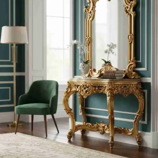 MACE-Barock-Gold-Konsole-Handgefertigt-Massivholz-Spiegel-Beige Marmorplatte-Wohnzimmer-Halle-Klassikmöbel-H 225cm