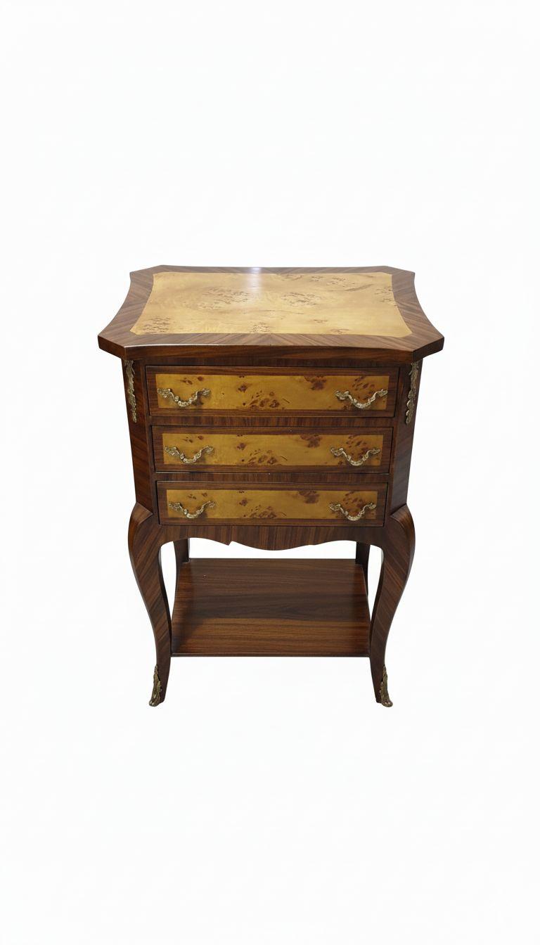 MACE Heritage – Baroque Bedside Table in Solid Wood with 3 Drawers and Decorative Metal Hardware