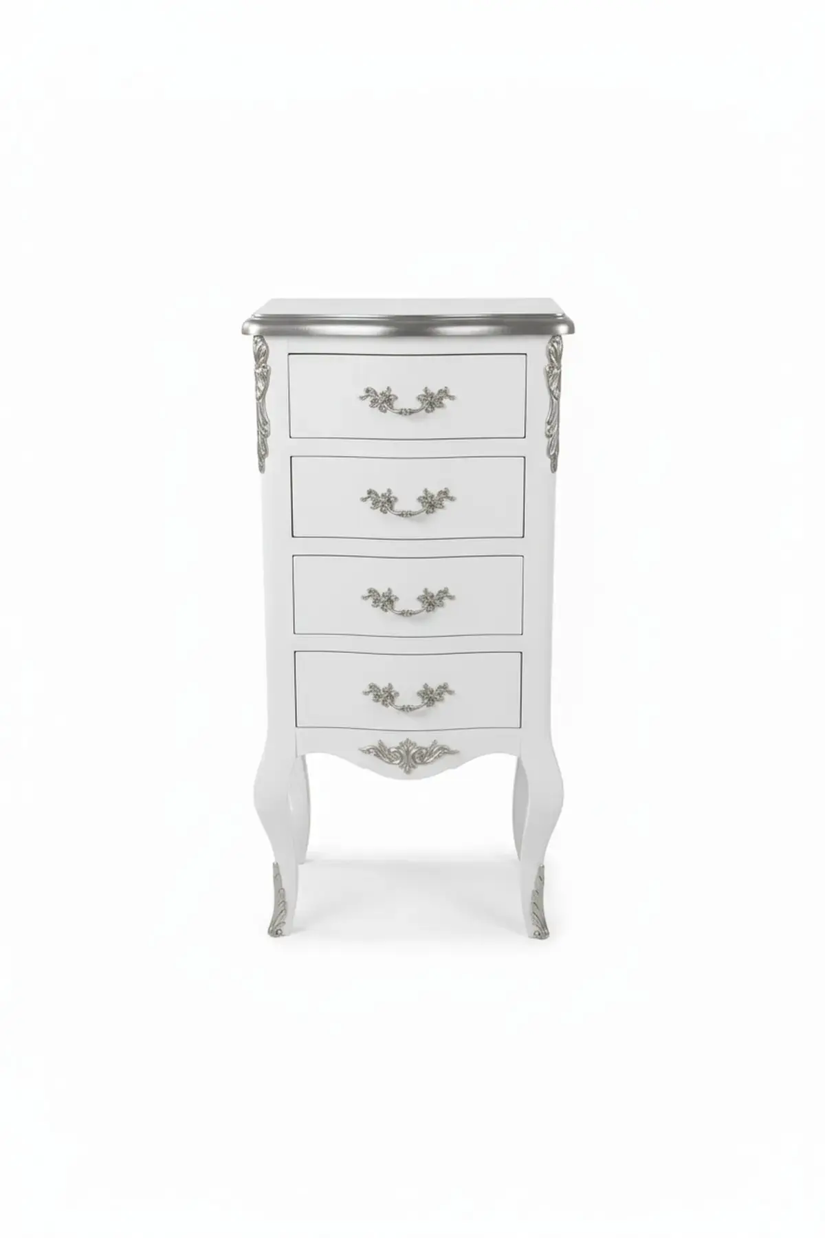 MACE Heritage – Elegant Baroque Chest in White & Silver – 4 Drawers – Louis XVI Style – Handmade