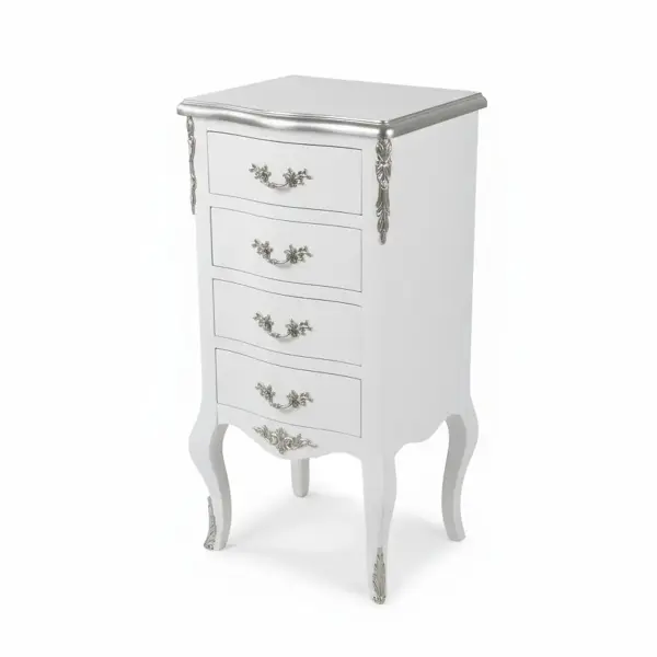 MACE Heritage – Elegant Baroque Chest in White & Silver – 4 Drawers – Louis XVI Style – Handmade