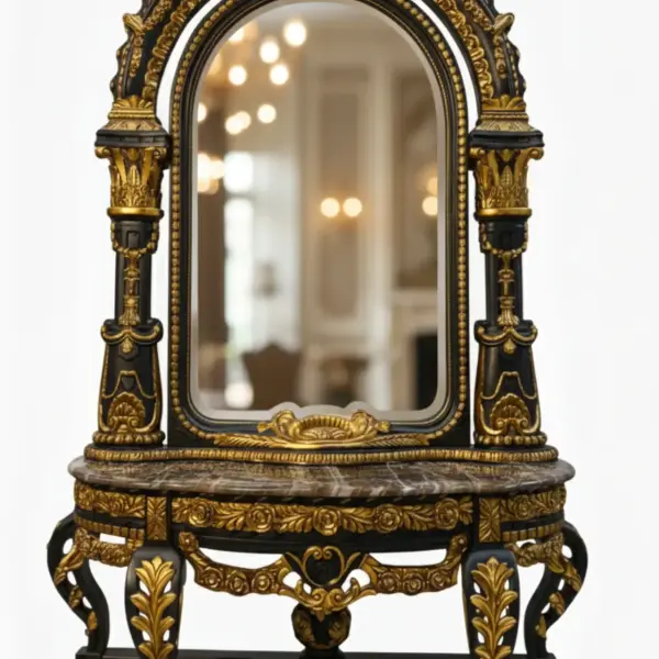 MACE Heritage – Monumental Baroque Mirror with Console – Black & Gold Leaf – Marble Top – 260 cm