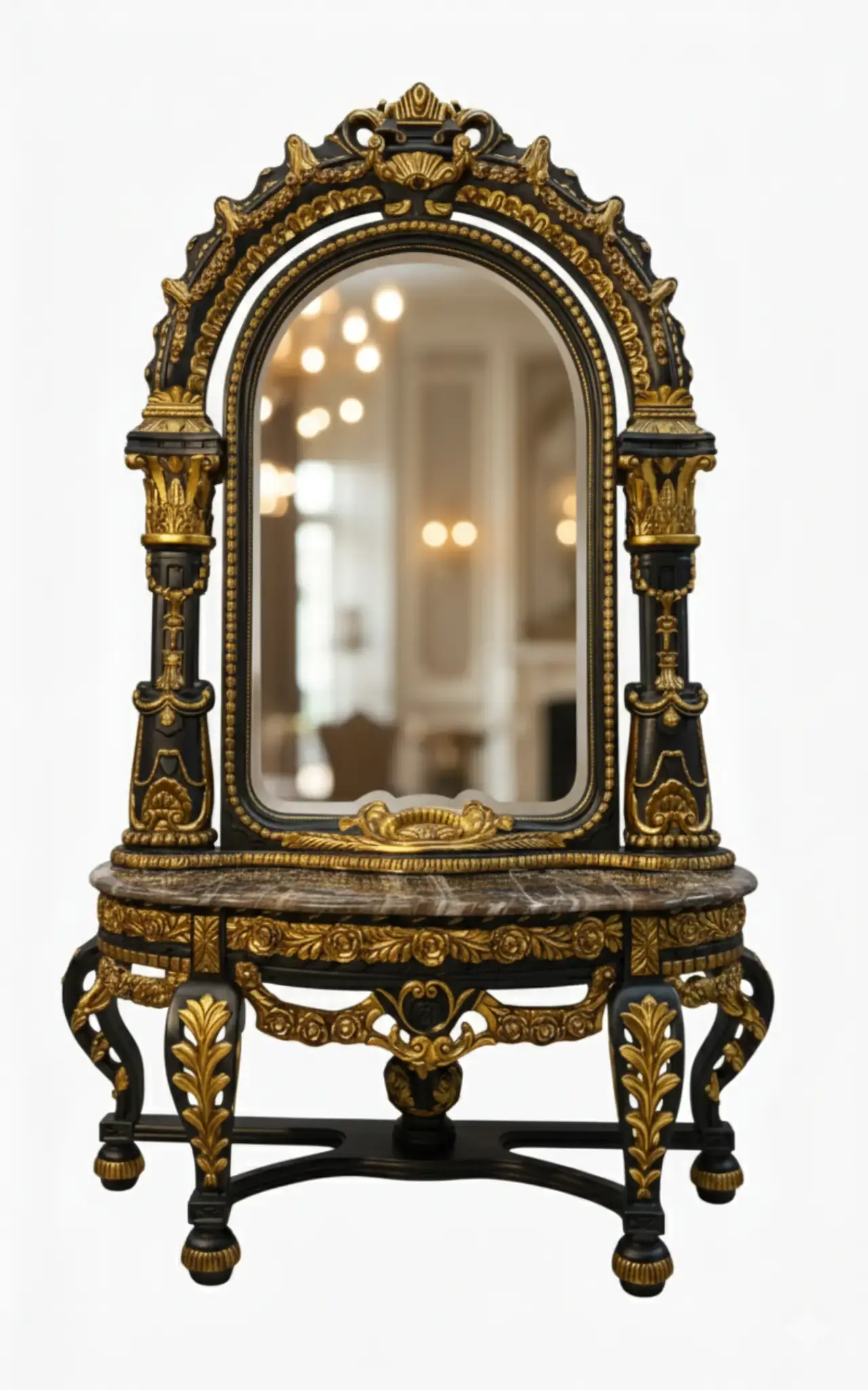 MACE Heritage – Monumental Baroque Mirror with Console – Black & Gold Leaf – Marble Top – 260 cm