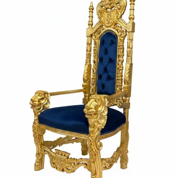 MACE Heritage – Barocker Thronsessel aus Massivholz mit Löwenarmlehnen, Samtpolsterung in Tiefblau