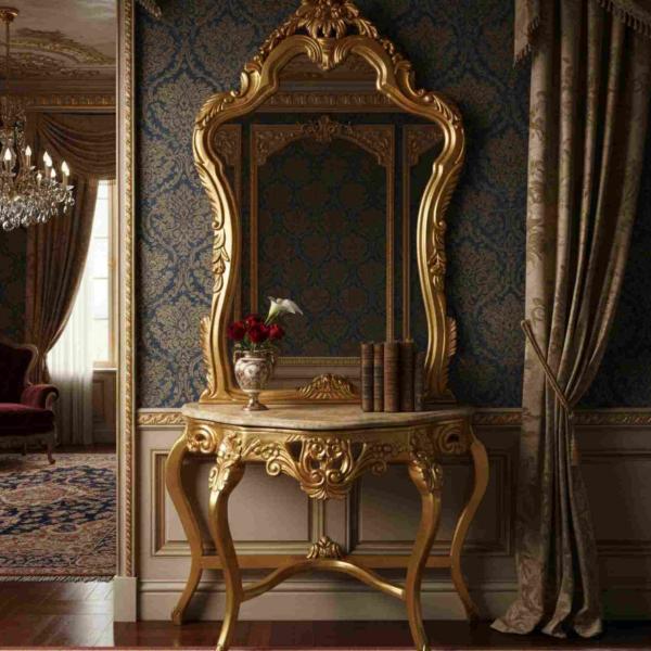 Barocke Konsole - Stil Louis XVI - Klassische Möbel - Goldfarbe - Beigefarbener Marmor - MACE