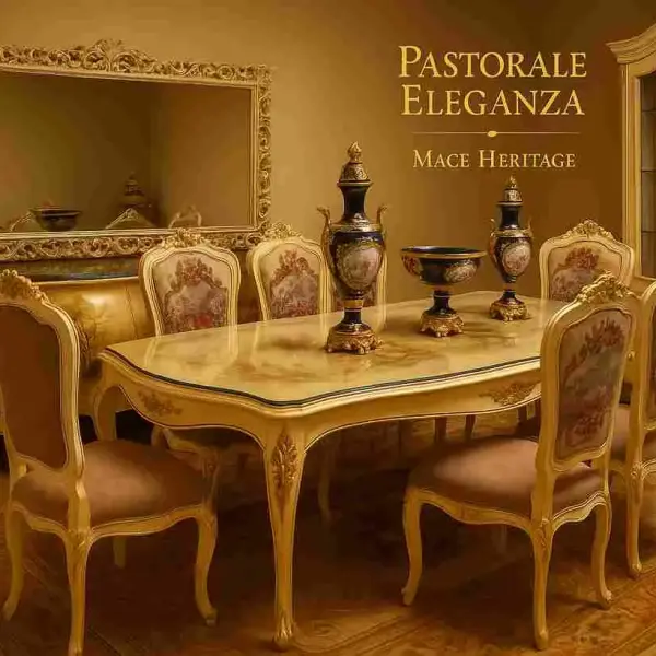 MACE Heritage Handgefertigtes Beiges Barock-Esszimmer-Set mit 8 Stühlen – Ölhandbemalt