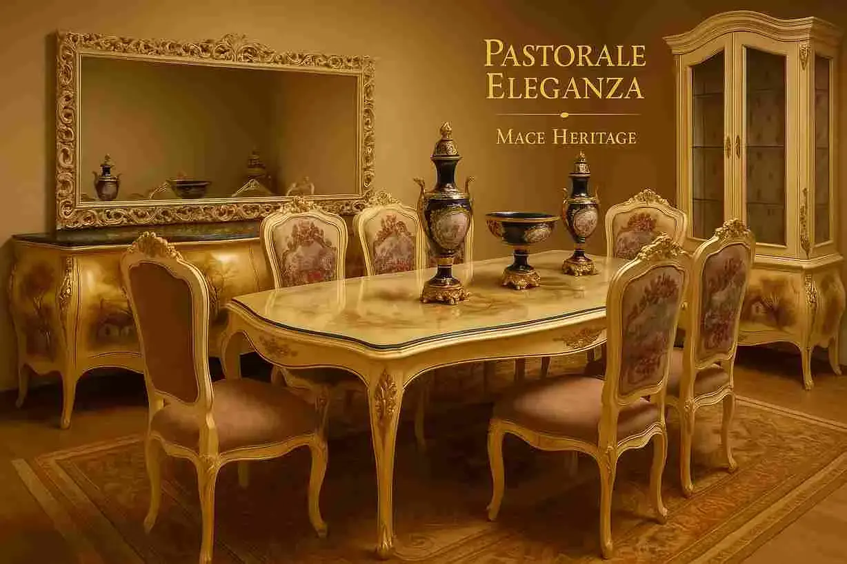MACE Heritage Handgefertigtes Beiges Barock-Esszimmer-Set mit 8 Stühlen – Ölhandbemalt