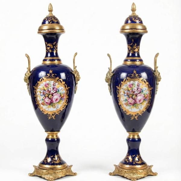 MACE Heritage - barocke Romeo und Julia Porzellan Vase Set -Messinggriff - Zwei Vasen - 80cm