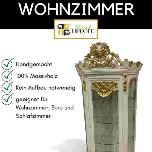 MACE Heritage Handgefertigte Barock-Vitrine in Beige & Gold mit Glasböden und Krone 220cm