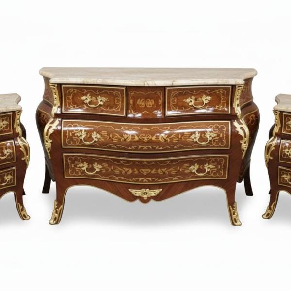 MACE Heritage – Barockes Kommoden-Set mit Intarsien und Marmorplatten, Louis-XV Stil
