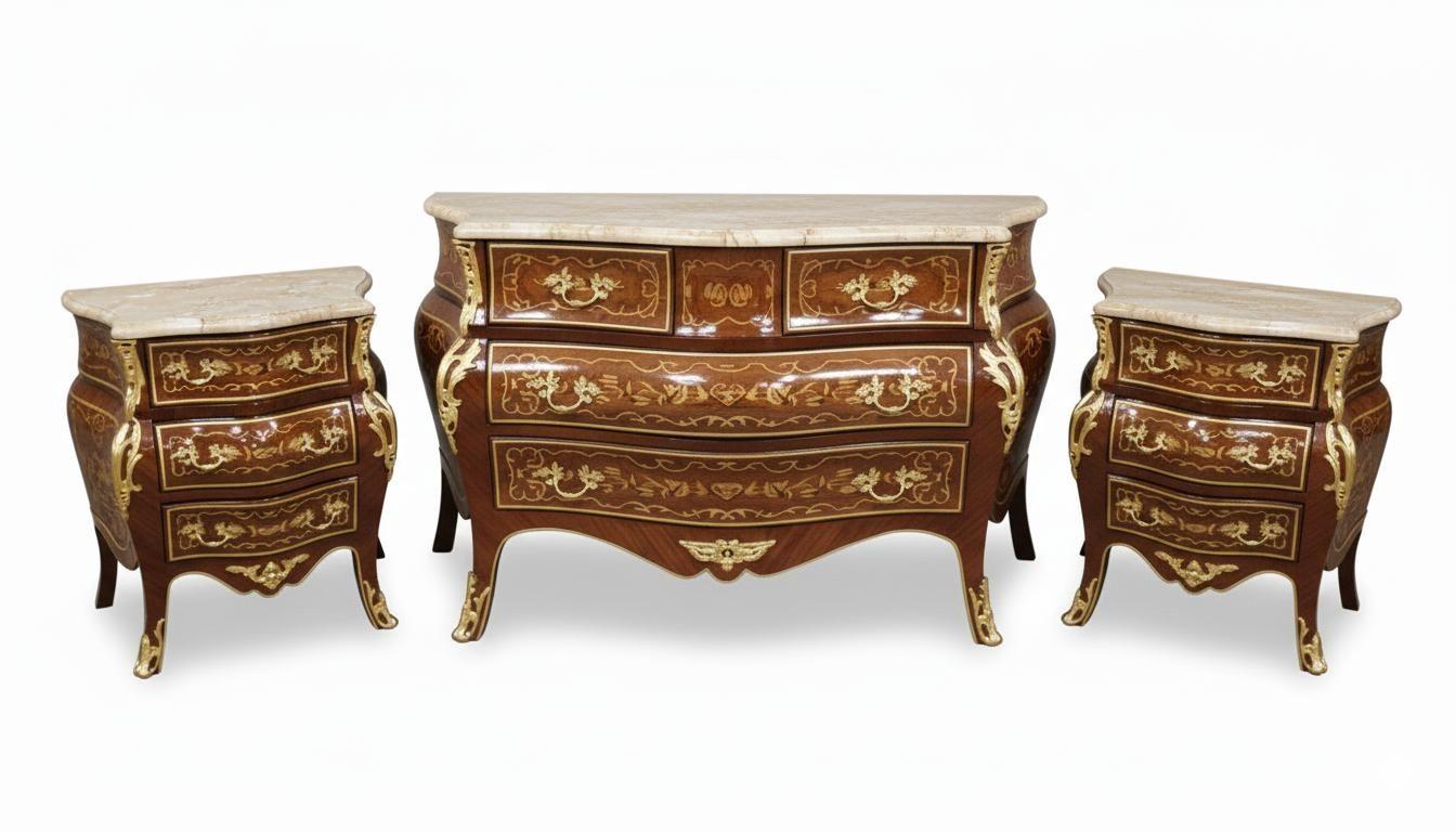 MACE Heritage – Barockes Kommoden-Set mit Intarsien und Marmorplatten, Louis-XV Stil