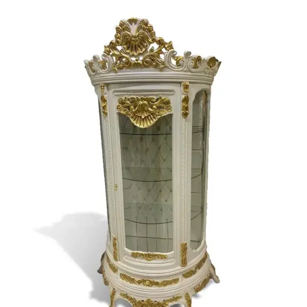 MACE Heritage Handgefertigte Barock-Vitrine in Beige & Gold mit Glasböden und Krone 220cm