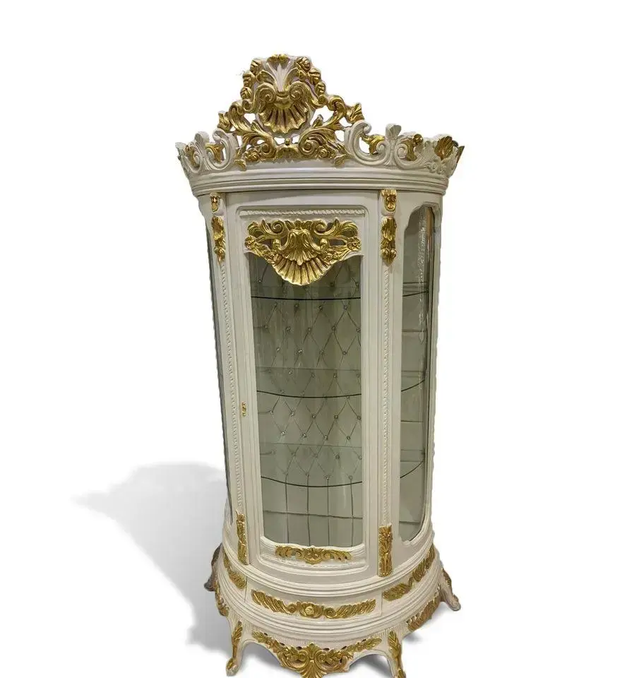 MACE Heritage Handgefertigte Barock-Vitrine in Beige & Gold mit Glasböden und Krone 220cm