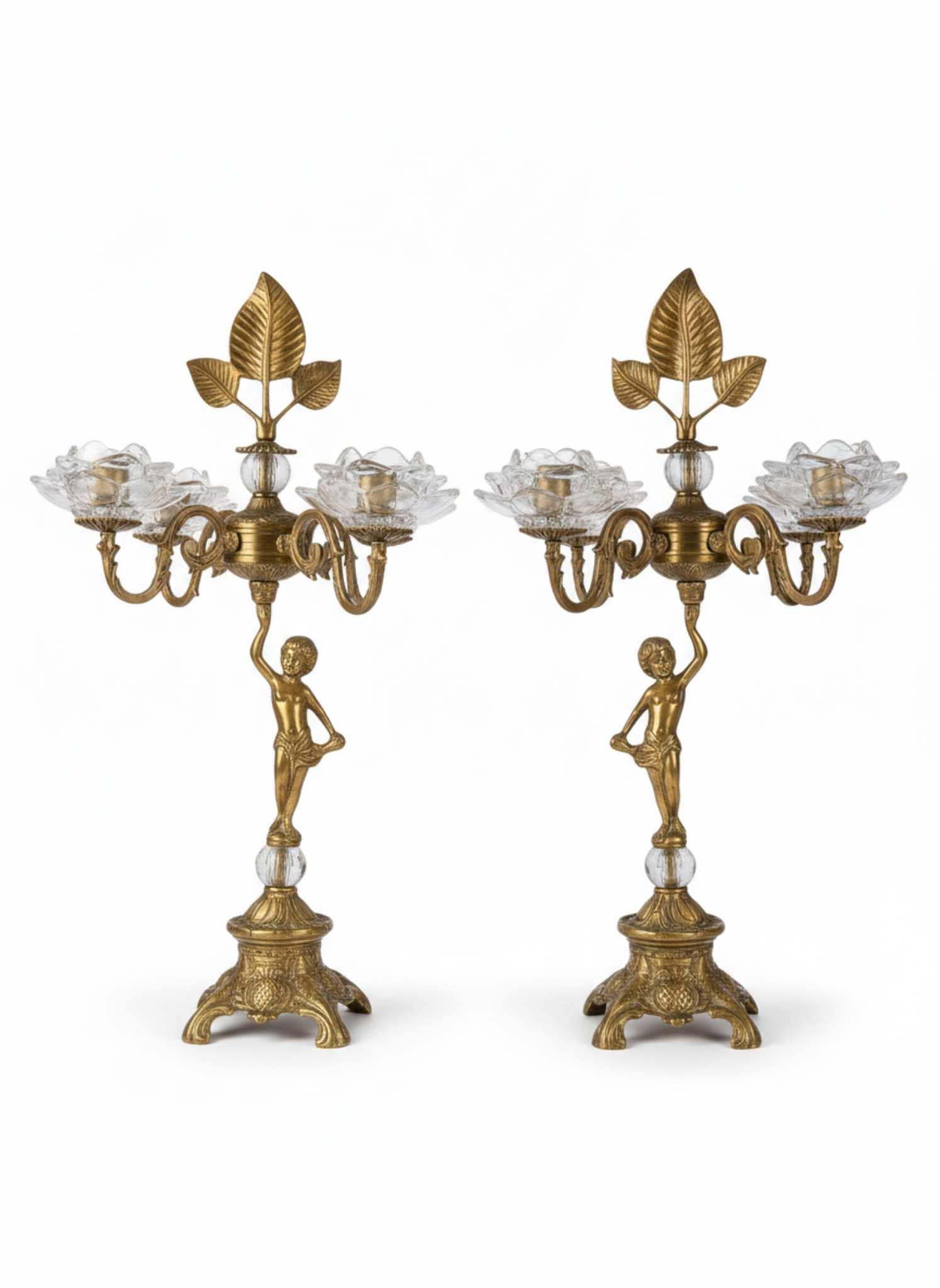 MACE Heritage – Engel-Kandelaber Set aus massivem Messing in Antikgold mit Glasblüten