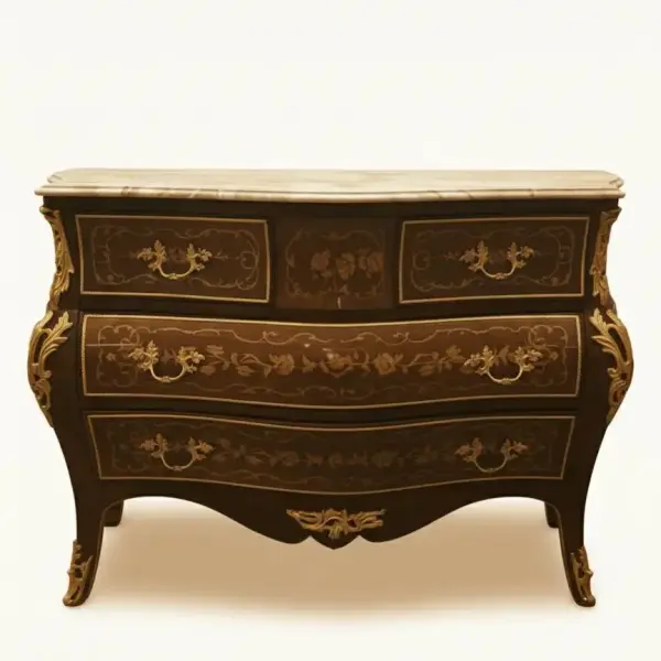 MACE Heritage-Barock Kommode-Braun Farbe-Messing- Vier Schubladen- Beige Marmorplatte- Intarsien -140cm