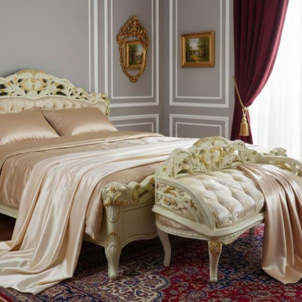 MACE-Barock-Sitzbank – Gestell in Goldbeige – Stoff in Gold-Champagner – kleines Damen-Sitzsofa – Kommodensofa – Barockmöbel