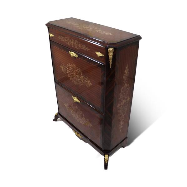MACE Heritage – Baroque Shoe Cabinet with Genuine Inlay in Solid Wood, Dark Walnut with Gold Accents