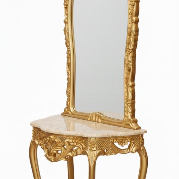 MACE Heritage – Baroque Console Mirror with Beige Marble Top in Antique Gold