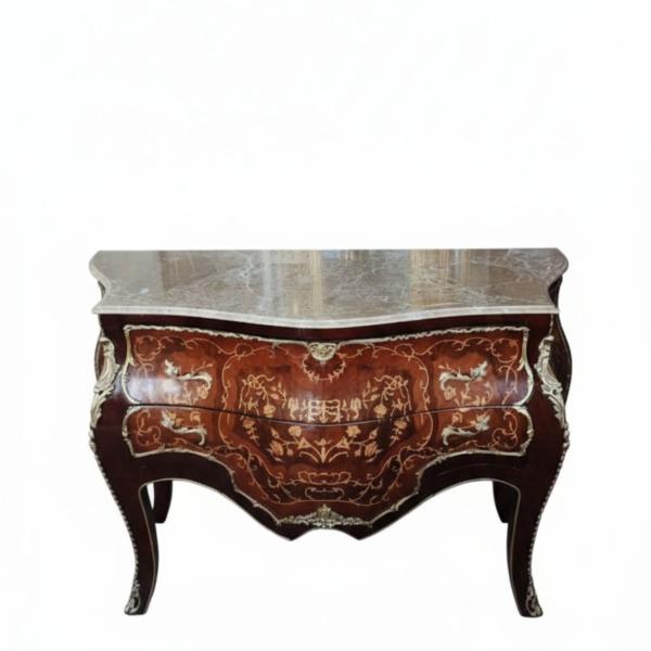 MACE Heritage – Barock Rokoko Kommode Louis XV mit Marmorplatte, handbemalt, Dunkelbraun, Hochglanz