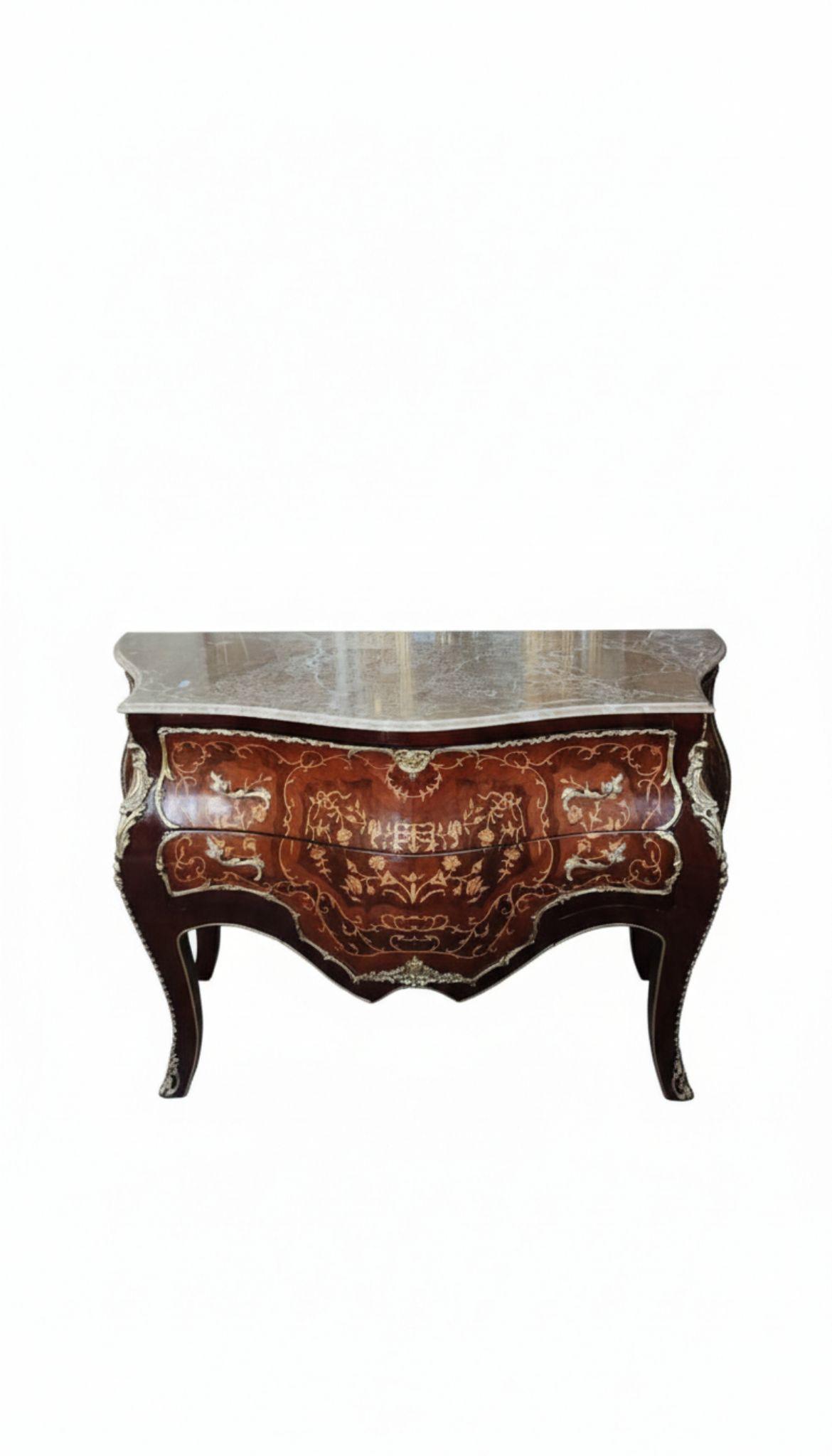 MACE Heritage – Barock Rokoko Kommode Louis XV mit Marmorplatte, handbemalt, Dunkelbraun, Hochglanz