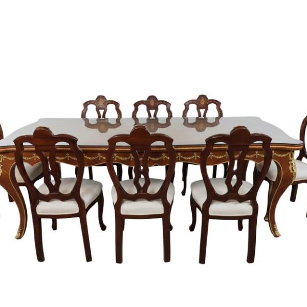 Mace Heritage - Luxuriöses Barock Esszimmer-Set mit 8 Stühlen — Handgefertigt mit Intarsien, Messingdetails & Glasplatte (Tisch 220 cm)
