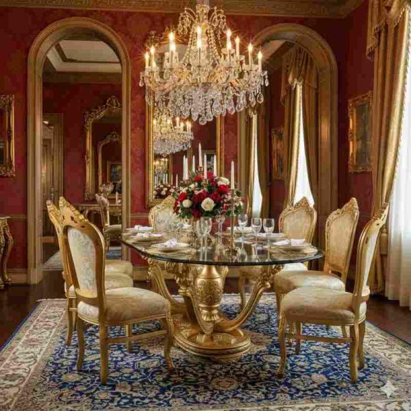 Mace Heritage - Barock Esstisch-Set Louis XVI – Ovaler Tisch mit Glasplatte & 6 Stühlen – Gold – Handgefertigt