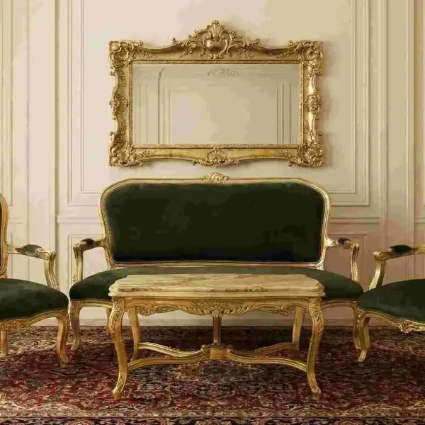 MACE Heritage – Luxurious 4-Piece Baroque Salon Set in Antique Gold with Deep Green Velvet & Marble Tabletop