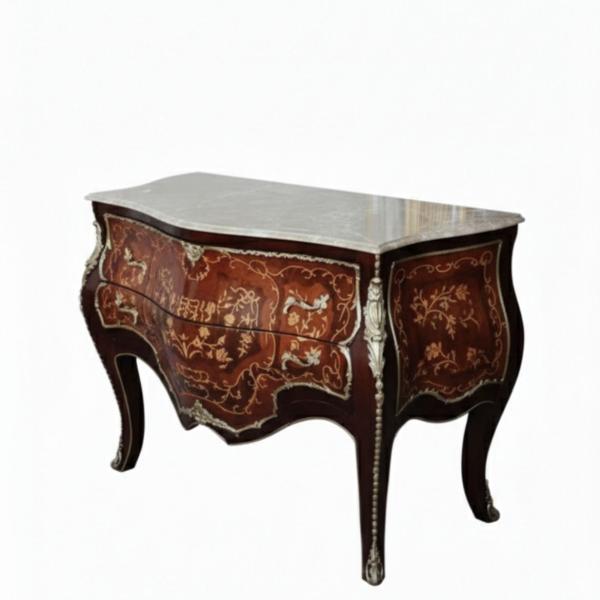 MACE Heritage – Barock Rokoko Kommode Louis XV mit Marmorplatte, handbemalt, Dunkelbraun, Hochglanz