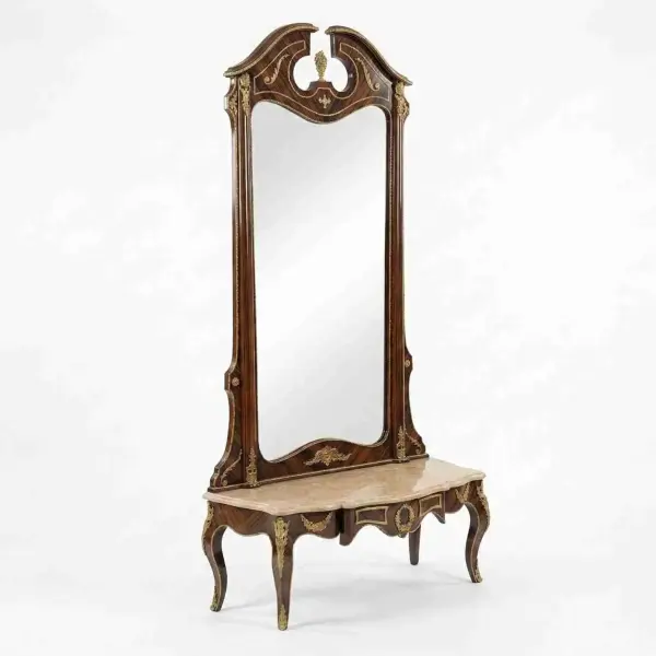 MACE Heritage – Grand Baroque Console Table with Oversized Mirror in Mahogany Look & Brass Details – 217cm