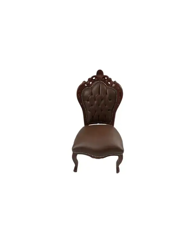 MACE Heritage – Baroque Rococo Dining Chair in Dark Brown Solid Wood with Brown Faux Leather – Handmade