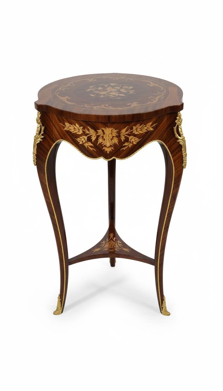 MACE Heritage – Louis-XV-Beistelltisch aus Massivholz mit Intarsienplatte, Goldapplikationen und runder Tischplatte