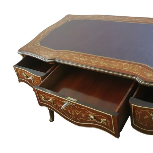 Luxuriöser Schreibtisch im Barockstil - Braun - Messing - Drei Schubladen - Arbeitsplatte aus Kunstleder - Intarsien - Büromöbel - MACE