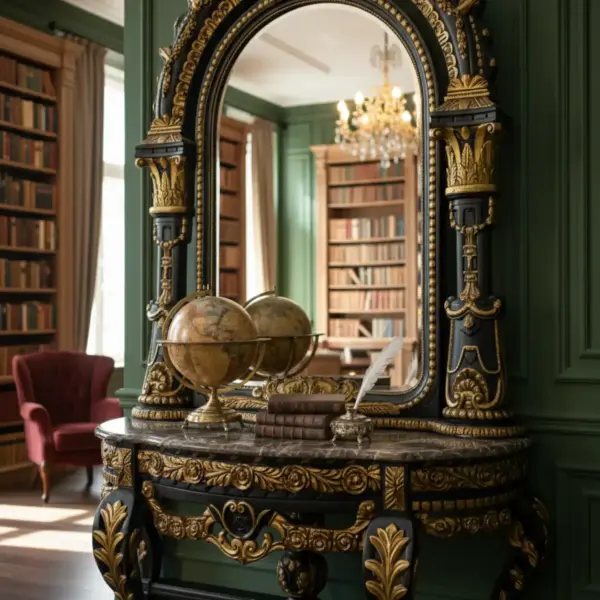MACE Heritage – Monumental Baroque Mirror with Console – Black & Gold Leaf – Marble Top – 260 cm