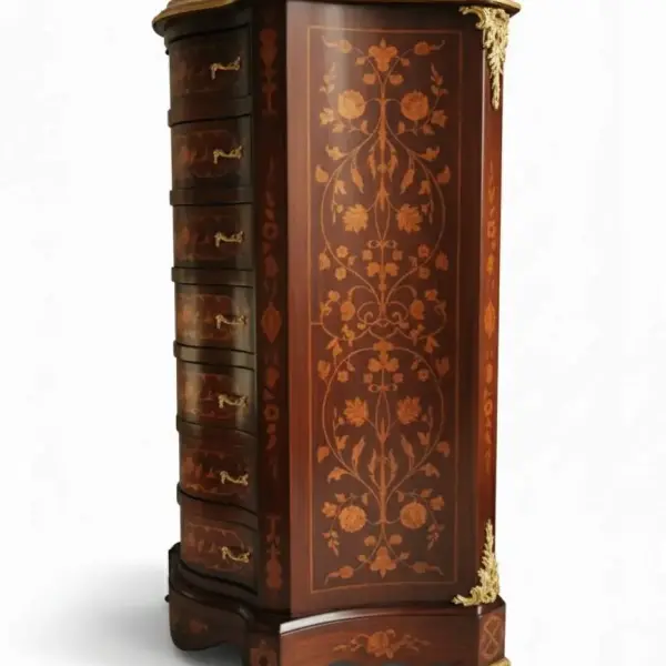 MACE Heritage - Baroque style chest drawer cabinet - Marquetry - Brown color - Beige marble - Gold brass - Classic living furniture LOUIS XVI