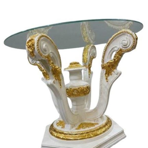 MACE Heritage Barock Glastisch – Weiß-Gold Sockel & Glasplatte – Handgefertigt