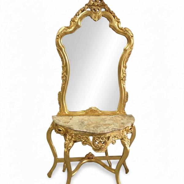 Barocke Konsole - Stil Louis XVI - Klassische Möbel - Goldfarbe - Beigefarbener Marmor - MACE