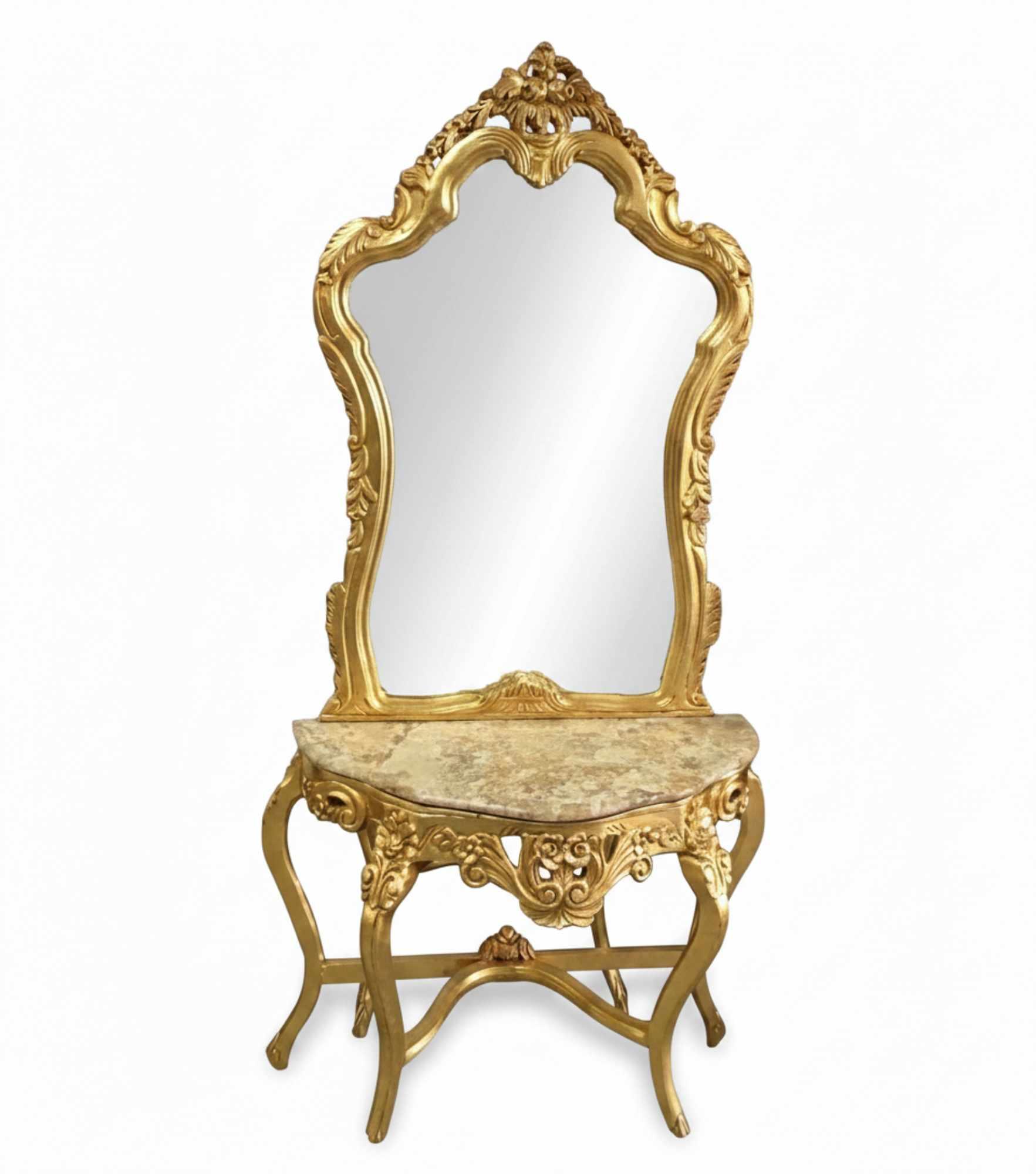 Barocke Konsole - Stil Louis XVI - Klassische Möbel - Goldfarbe - Beigefarbener Marmor - MACE