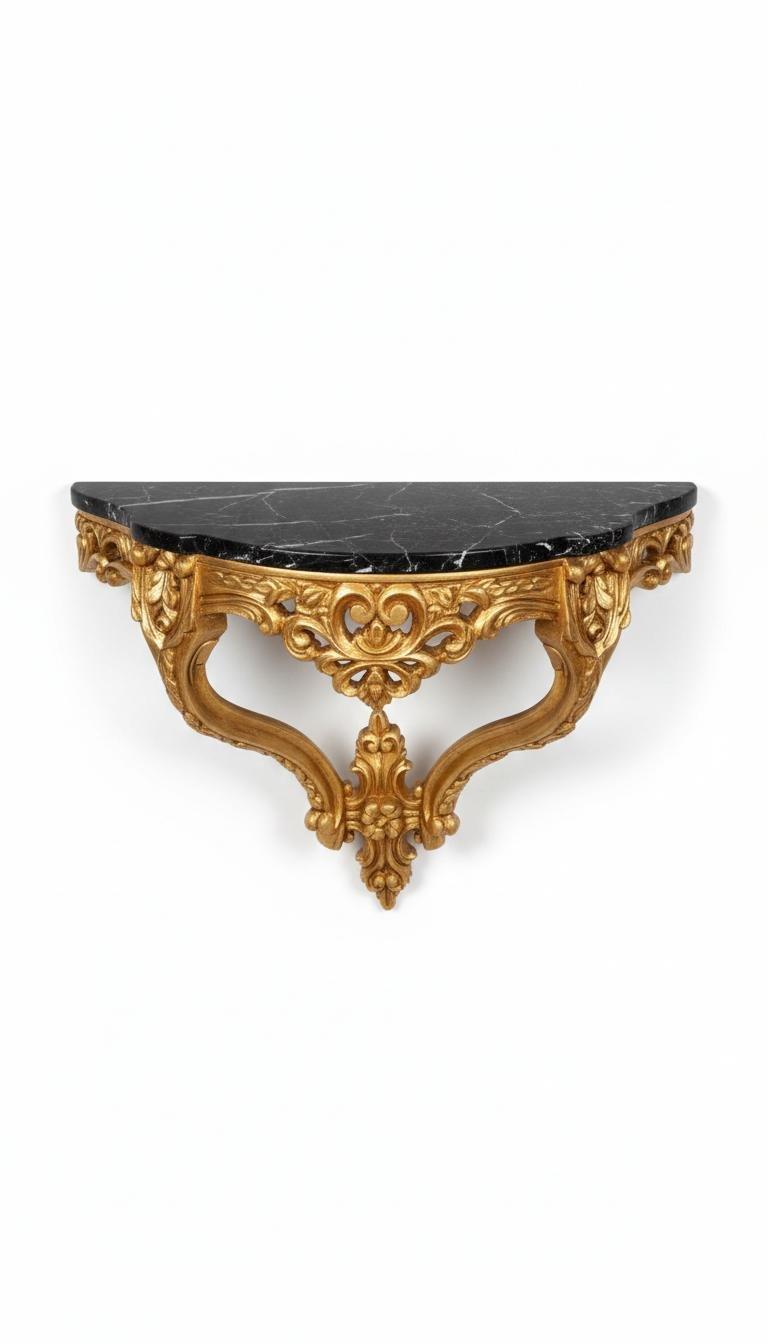 MACE Heritage – Baroque Wall Console Table with Black Natural Marble Top, Gold Finish and Louis XV Influence