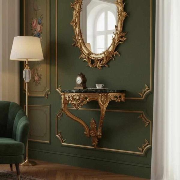 MACE Heritage – Baroque Wall Console Table with Black Natural Marble Top, Gold Finish and Louis XV Influence