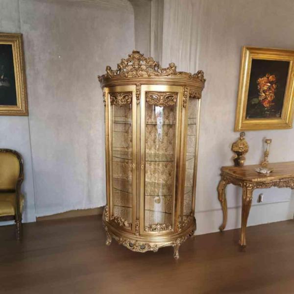 Barock-Rokoko-Vitrinen-Vitrinenschrank - klassische Möbel - Farbe Gold - runde Form - Vitrine - Wohnzimmermöbel - vier Regale - 205 cm - MACE