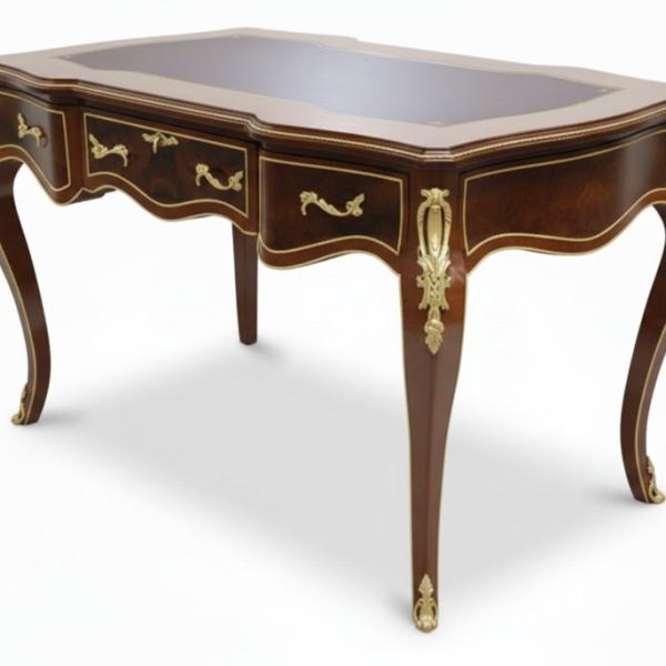MACE Heritage – Louis XV Baroque Desk in Wood with Brass, 3 Drawers, Leather-Style Top