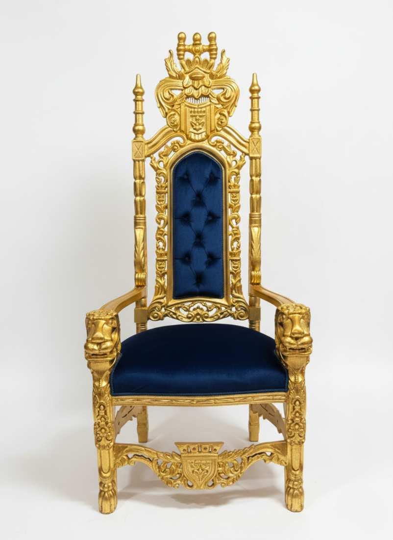 MACE Heritage – Barocker Thronsessel aus Massivholz mit Löwenarmlehnen, Samtpolsterung in Tiefblau