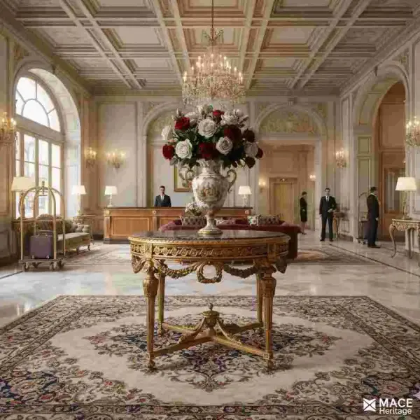 MACE Heritage – Barock Eingangstisch – Handgeschnitzter runder Goldtisch mit natürlicher schwarzer Marmorplatte (Ø 130 cm)
