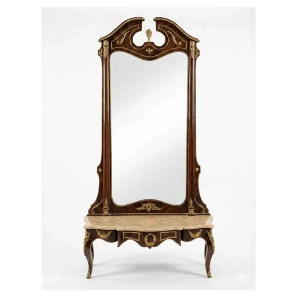 MACE Heritage – Grand Baroque Console Table with Oversized Mirror in Mahogany Look & Brass Details – 217cm