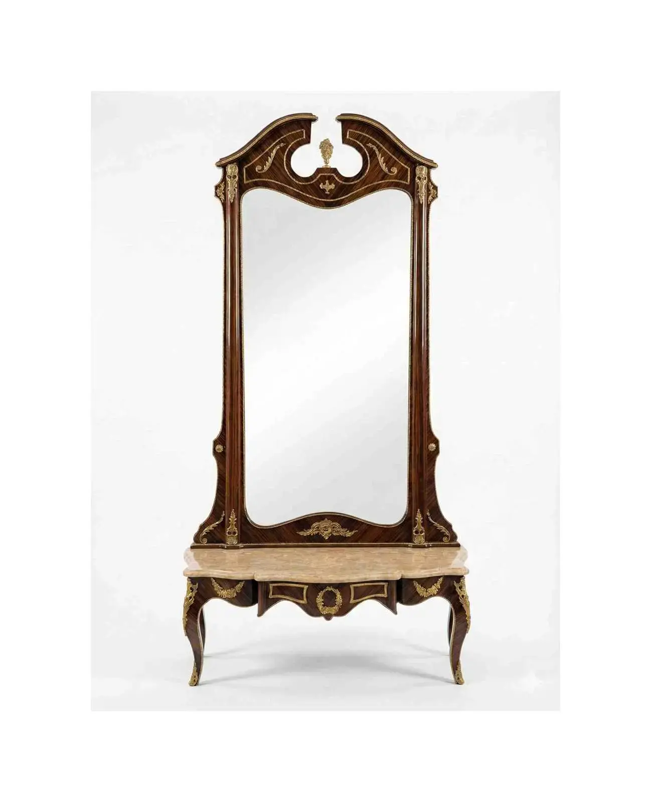MACE Heritage – Grand Baroque Console Table with Oversized Mirror in Mahogany Look & Brass Details – 217cm