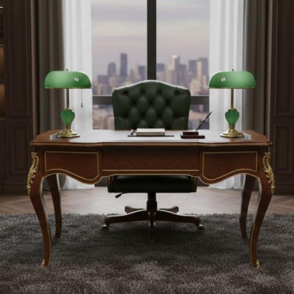 MACE Heritage – Louis XV Baroque Desk in Wood with Brass, 3 Drawers, Leather-Style Top