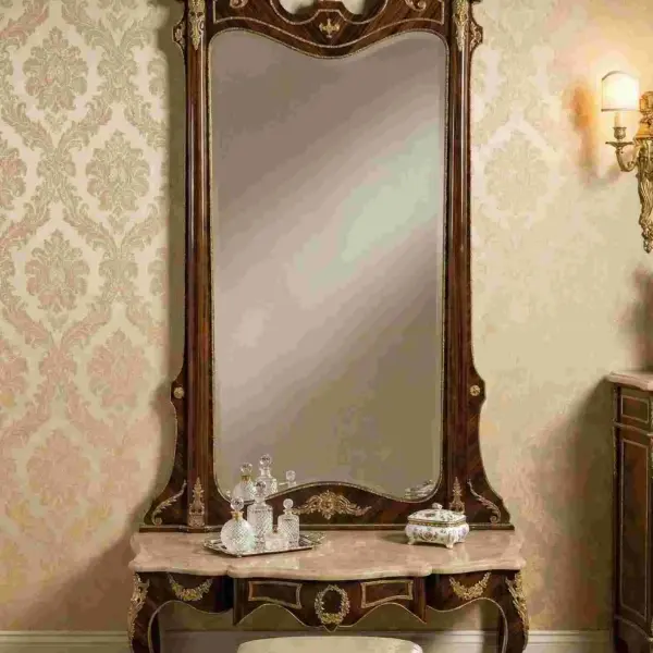 MACE Heritage – Grand Baroque Console Table with Oversized Mirror in Mahogany Look & Brass Details – 217cm
